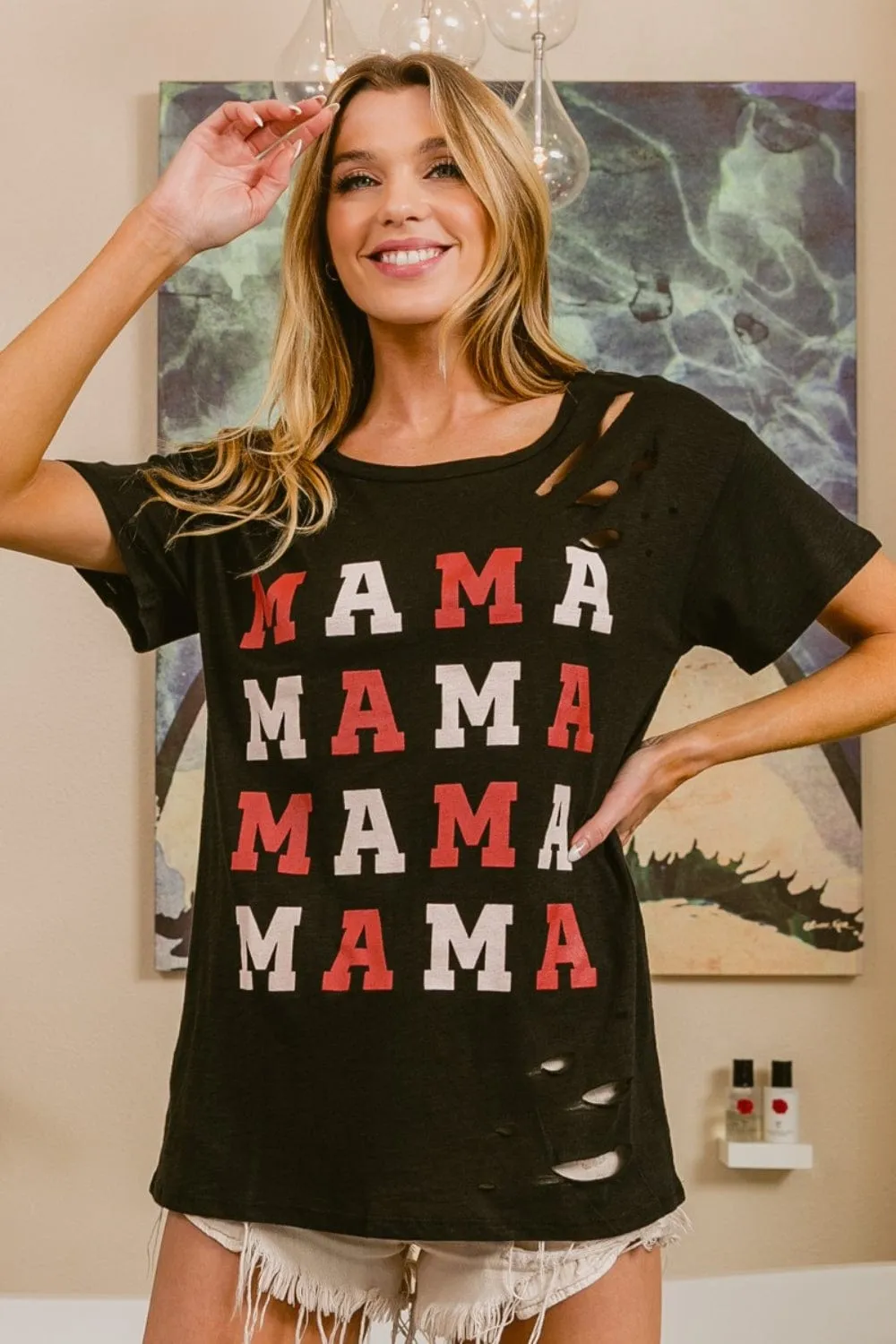 BiBi MAMA Graphic Distressed Short Sleeve T-Shirt sold by Unique Kulture