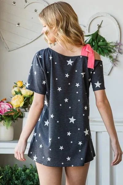 Heimish Full Size Star Print Asymmetrical Neck Short Sleeve Top sold by Unique Kulture product image thumbnail 2