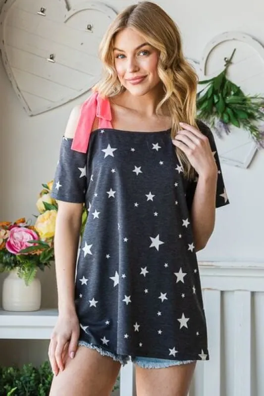 Heimish Full Size Star Print Asymmetrical Neck Short Sleeve Top sold by Unique Kulture