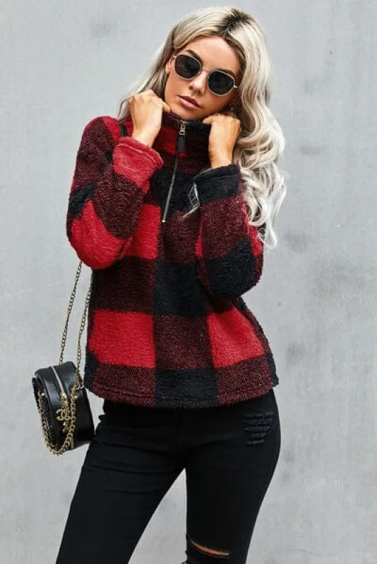 Half Zip Plaid Turtleneck Sweatshirt made by Unique Kulture