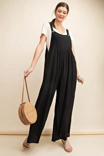 Kori America Full Size Sleeveless Ruched Wide Leg Overalls sold by Unique Kulture