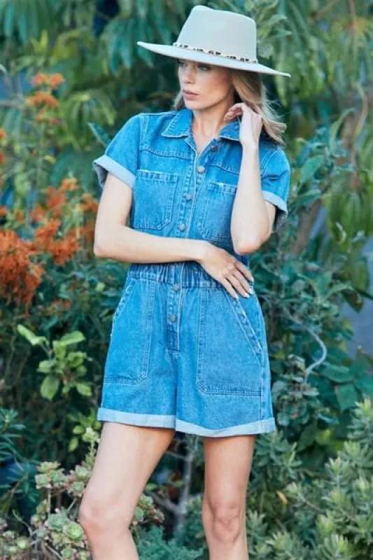 Veveret Elastic Waistband Denim Romper sold by Unique Kulture