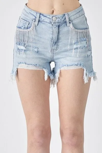 RISEN Frayed Hem Denim Shorts with Fringe Detail Pockets sold by Unique Kulture product image thumbnail 4