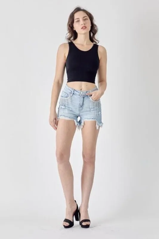 RISEN Frayed Hem Denim Shorts with Fringe Detail Pockets sold by Unique Kulture