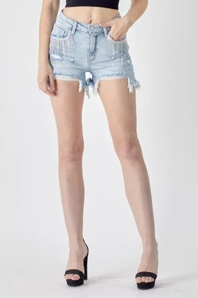 RISEN Frayed Hem Denim Shorts with Fringe Detail Pockets sold by Unique Kulture product image thumbnail 5