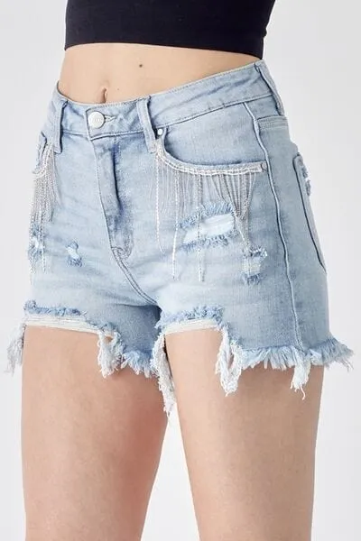 RISEN Frayed Hem Denim Shorts with Fringe Detail Pockets sold by Unique Kulture product image thumbnail 2