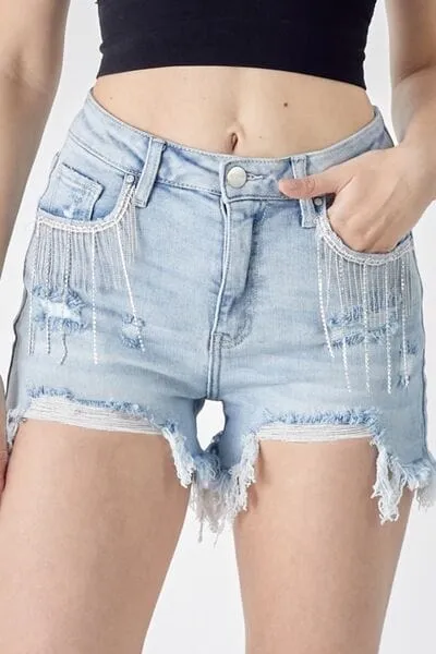 RISEN Frayed Hem Denim Shorts with Fringe Detail Pockets sold by Unique Kulture product image thumbnail 3