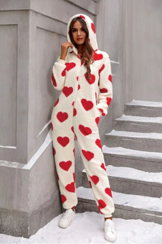 Fuzzy Heart Zip Up Hooded Lounge Jumpsuit sold by Unique Kulture