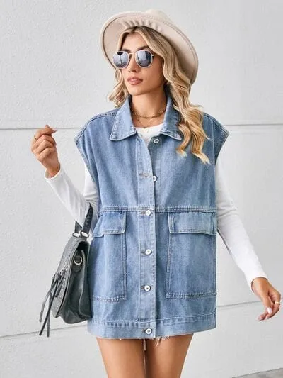 Pocketed Button Up Sleeveless Denim Jacket sold by Unique Kulture product image thumbnail 4