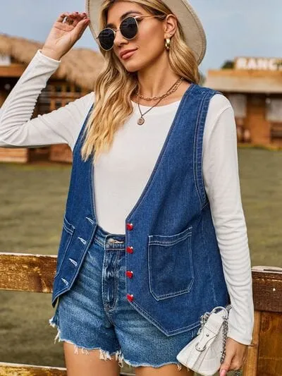 Pocketed Button Up Sleeveless Denim Jacket sold by Unique Kulture product image thumbnail 3
