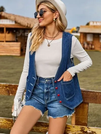 Pocketed Button Up Sleeveless Denim Jacket sold by Unique Kulture product image thumbnail 4