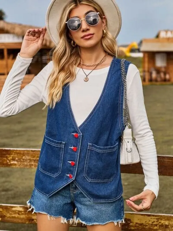 Pocketed Button Up Sleeveless Denim Jacket sold by Unique Kulture