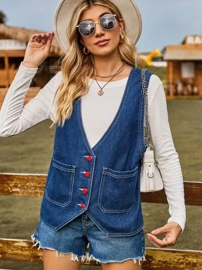 Pocketed Button Up Sleeveless Denim Jacket sold by Unique Kulture
