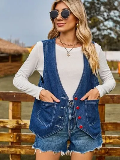 Pocketed Button Up Sleeveless Denim Jacket sold by Unique Kulture product image thumbnail 5