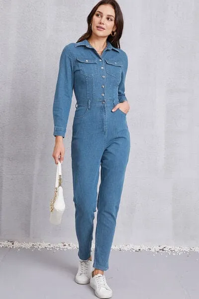 Snap Down Denim Jumpsuit with Pockets sold by Unique Kulture