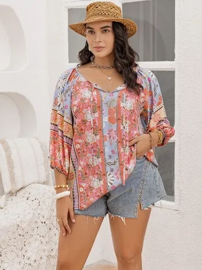 Plus Size Printed Tie Neck Balloon Sleeve Blouse sold by Unique Kulture product image thumbnail 3