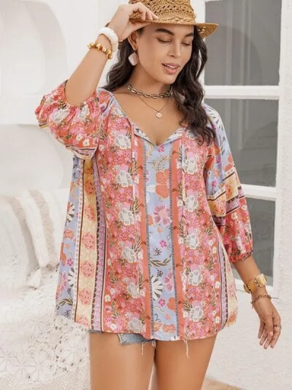 Plus Size Printed Tie Neck Balloon Sleeve Blouse sold by Unique Kulture