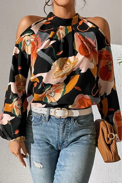 Floral Cold Shoulder Balloon Sleeve Blouse sold by Unique Kulture
