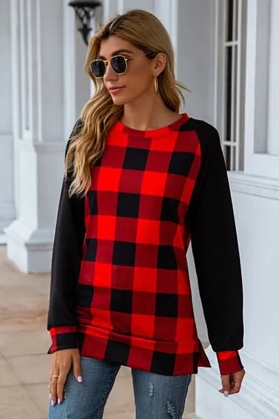 Plaid Round Neck Long Sleeve T-Shirt sold by Unique Kulture