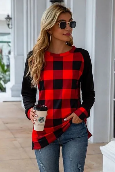 Plaid Round Neck Long Sleeve T-Shirt sold by Unique Kulture product image thumbnail 3