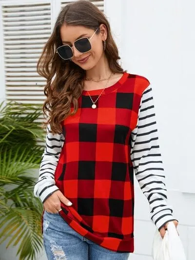 Plaid Striped Round Neck Long Sleeve T-Shirt sold by Unique Kulture product image thumbnail 3