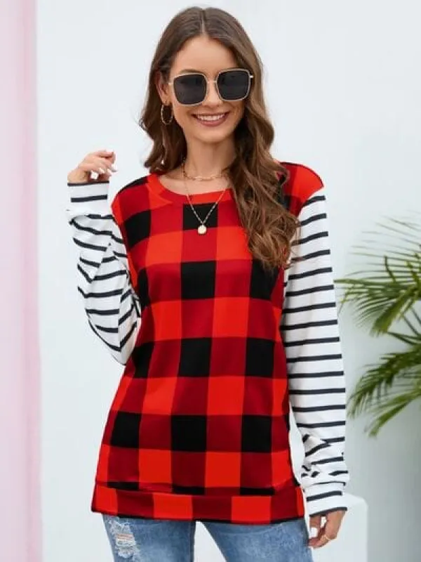 Plaid Striped Round Neck Long Sleeve T-Shirt made by Trendsi