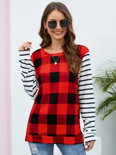 Plaid Striped Round Neck Long Sleeve T-Shirt sold by Unique Kulture