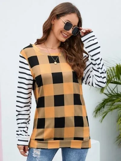 Plaid Striped Round Neck Long Sleeve T-Shirt sold by Unique Kulture product image thumbnail 5
