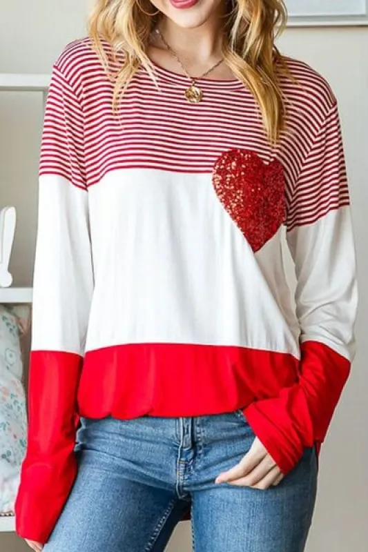 Striped Heart Sequin Long Sleeve T-Shirt sold by Unique Kulture