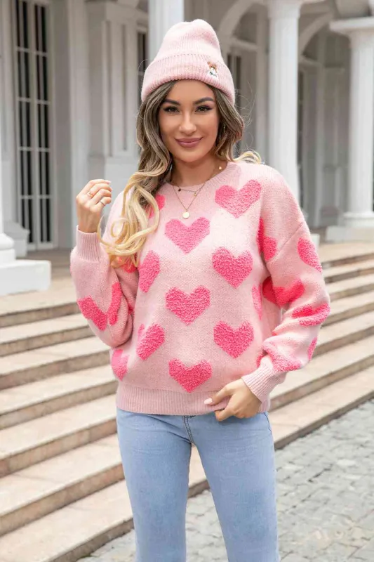 Round Neck Dropped Shoulder Sweater with Heart Pattern sold by Unique Kulture
