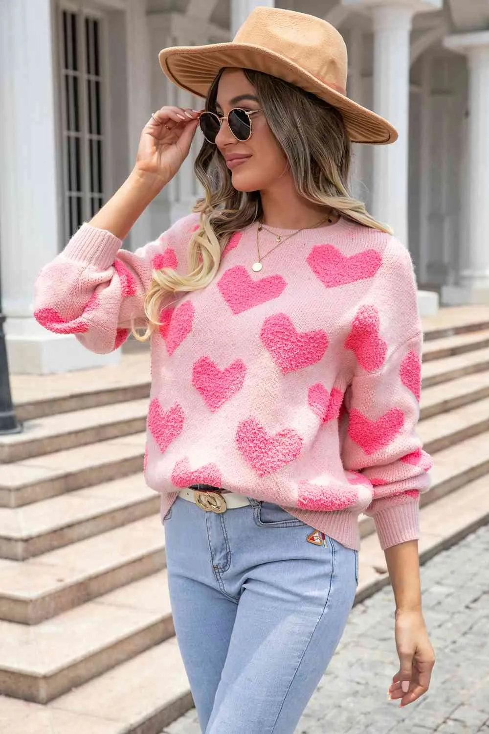 Round Neck Dropped Shoulder Sweater with Heart Pattern sold by Unique Kulture product image thumbnail 3