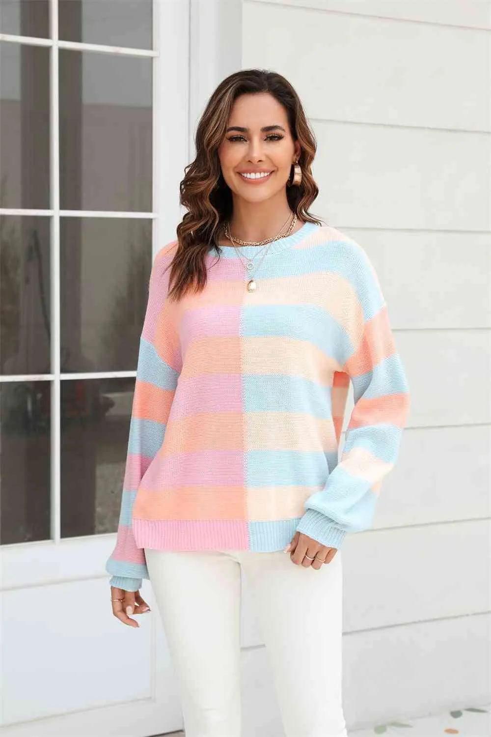 Round Neck Long Sleeve Color Block Dropped Shoulder Pullover Sweater sold by Unique Kulture