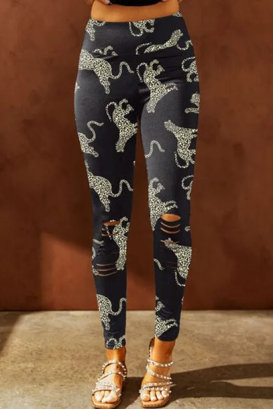 Animal Printed Distressed High Waist Leggings made by Trendsi