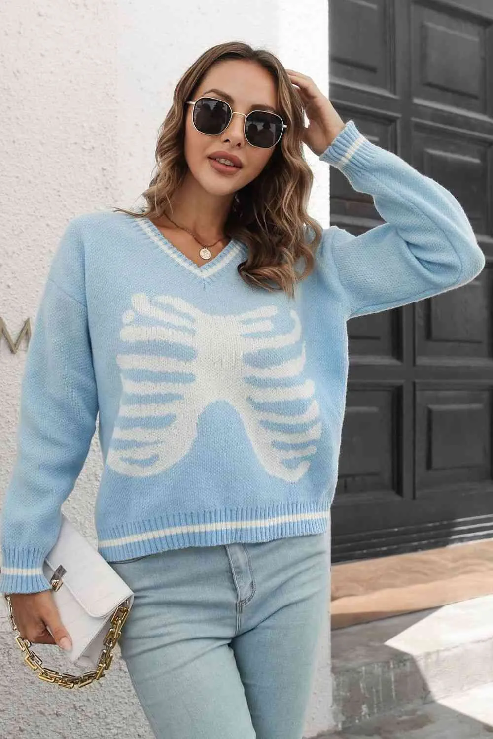 Skeleton Pattern V-Neck Long Sleeve Pullover Sweater sold by Unique Kulture product image thumbnail 5