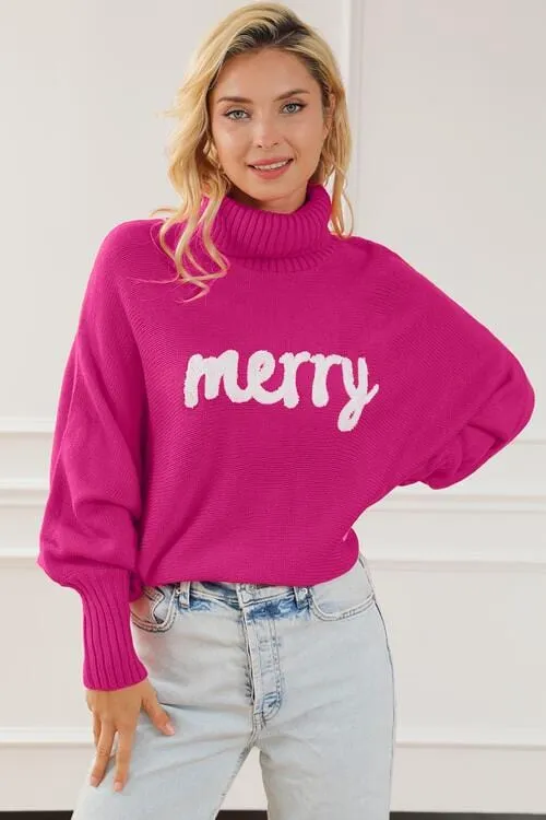 Merry Letter Embroidered High Neck Sweater sold by Unique Kulture