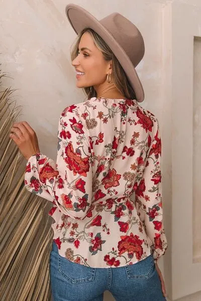 Floral V-Neck Drawstring Peplum Blouse sold by Unique Kulture product image thumbnail 3