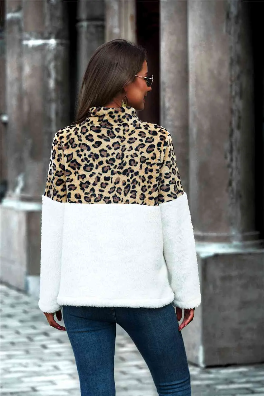 Leopard Color Block Half-Zip Collar Teddy Sweatshirt sold by Unique Kulture product image thumbnail 2