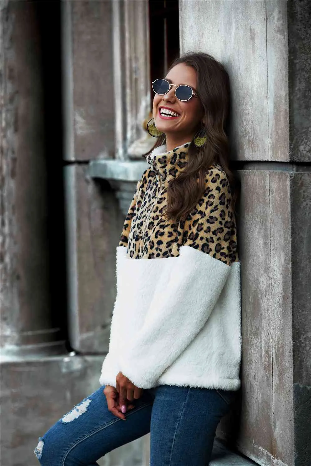 Leopard Color Block Half-Zip Collar Teddy Sweatshirt sold by Unique Kulture product image thumbnail 3