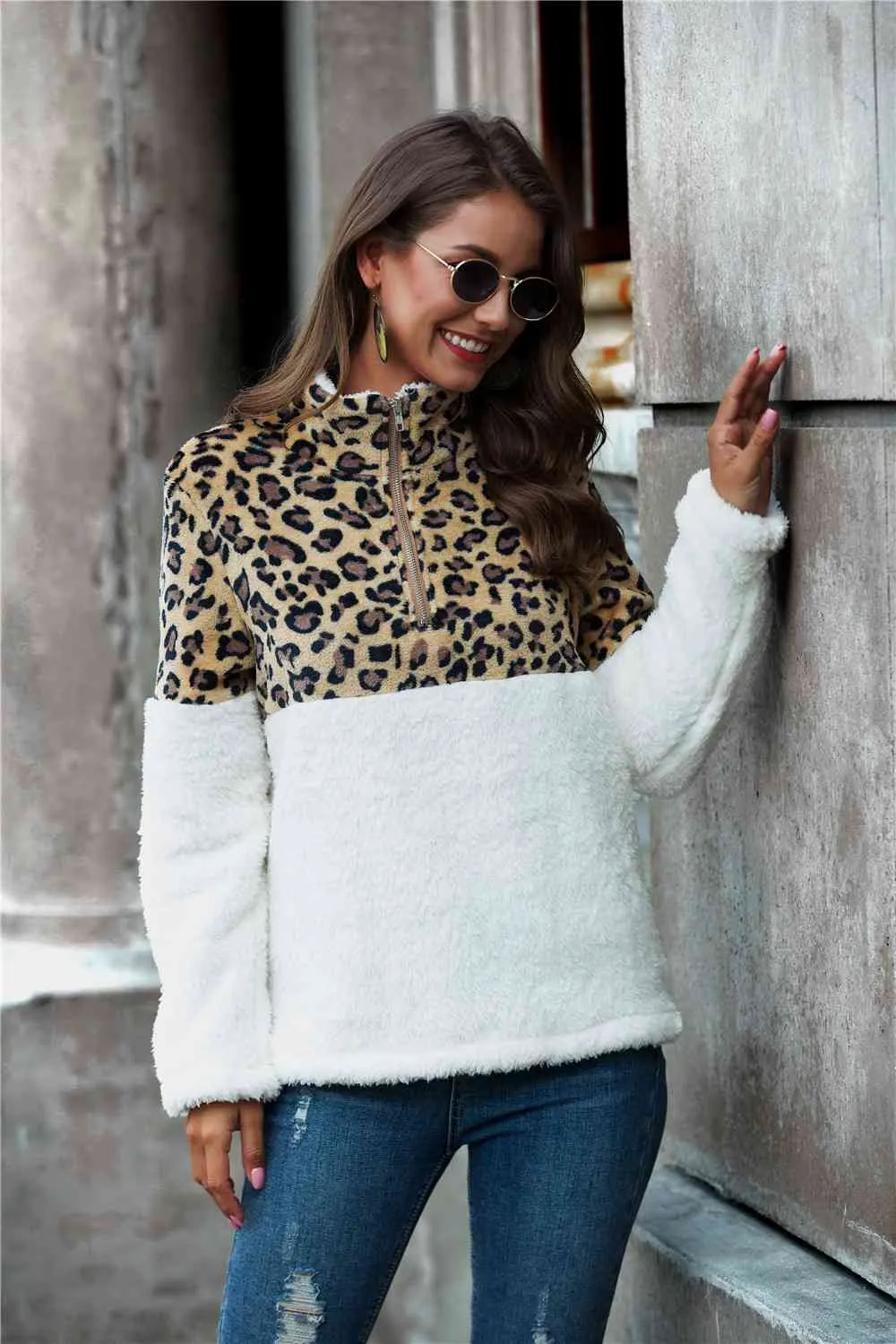 Leopard Color Block Half-Zip Collar Teddy Sweatshirt sold by Unique Kulture