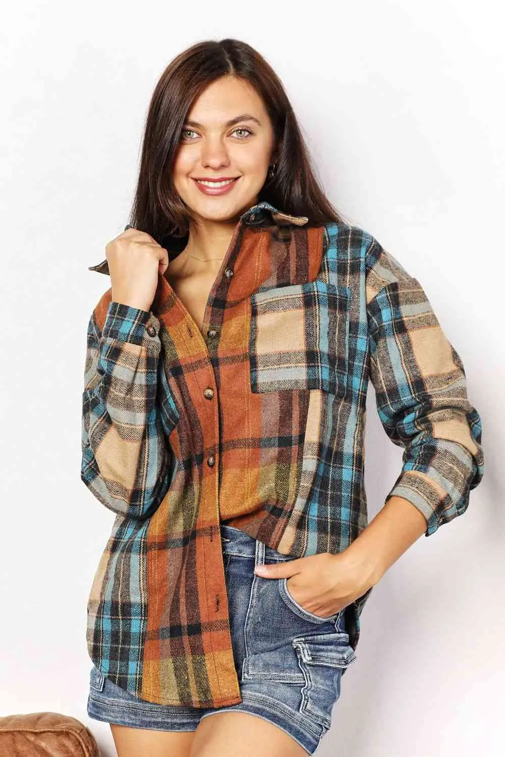 Double Take Plaid Curved Hem Shirt Jacket with Breast Pockets sold by Unique Kulture product image thumbnail 4