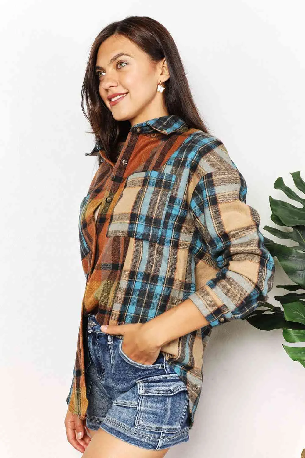 Double Take Plaid Curved Hem Shirt Jacket with Breast Pockets sold by Unique Kulture product image thumbnail 5