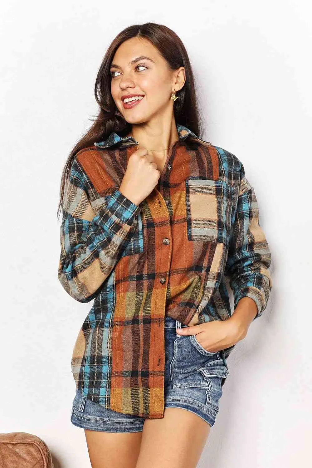 Double Take Plaid Curved Hem Shirt Jacket with Breast Pockets sold by Unique Kulture