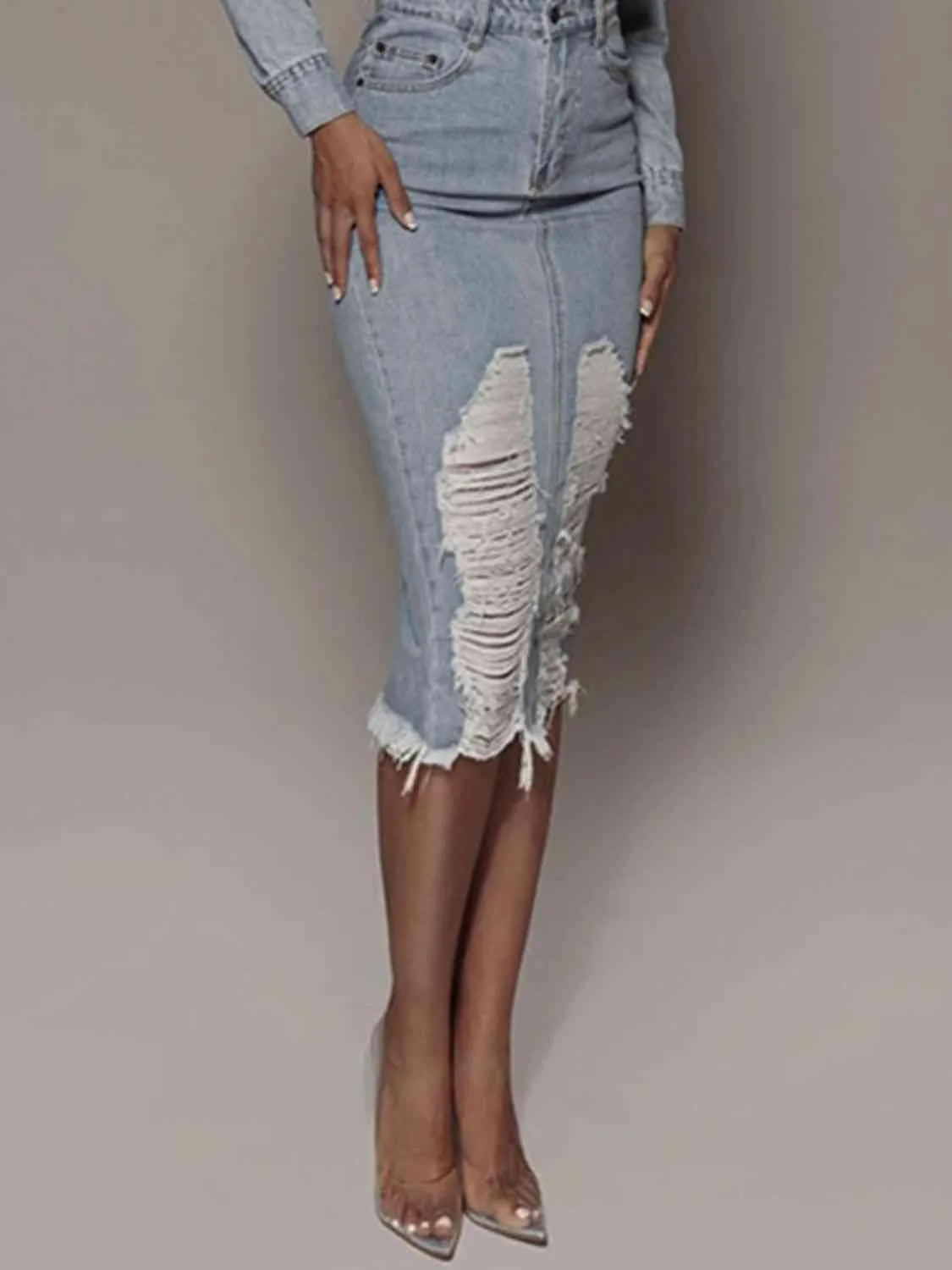 Distressed Slit Denim Skirt sold by Unique Kulture product image thumbnail 4