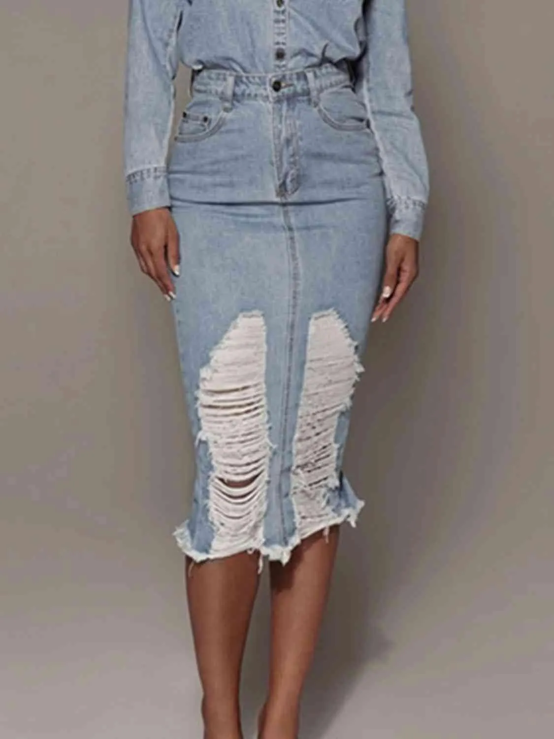Distressed Slit Denim Skirt sold by Unique Kulture
