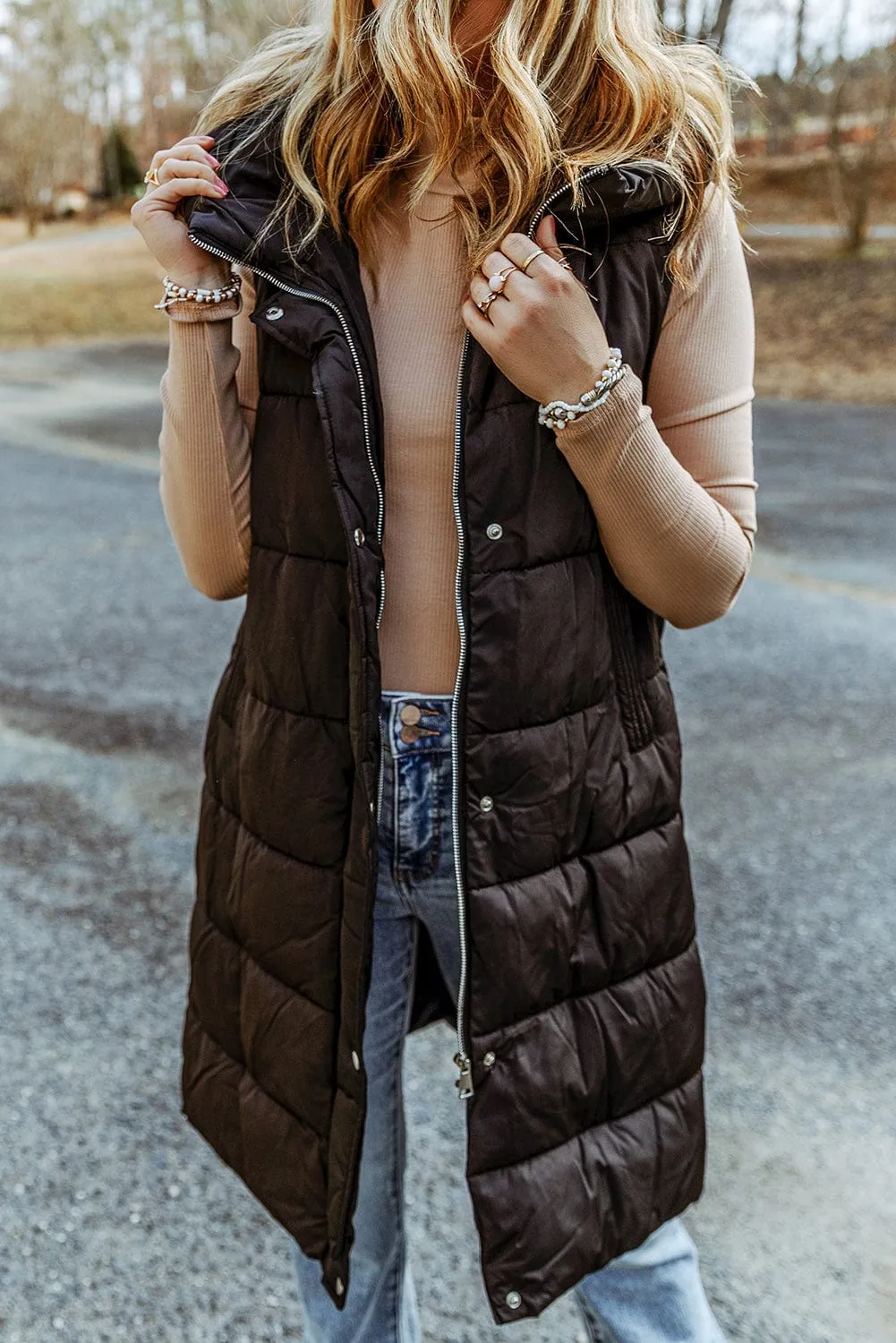 Longline Hooded Sleeveless Puffer Vest sold by Unique Kulture product image thumbnail 5