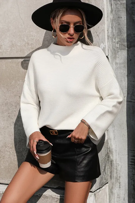 Mock Neck Dropped Shoulder Pullover Sweater sold by Unique Kulture