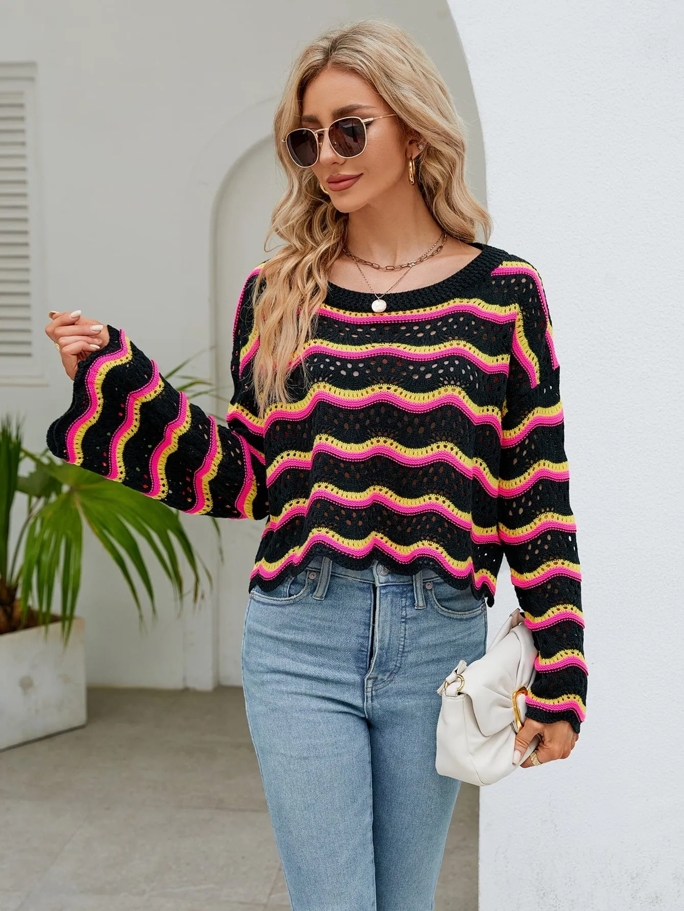 Round Neck Openwork Flare Sleeve Knit Top sold by Unique Kulture product image thumbnail 2