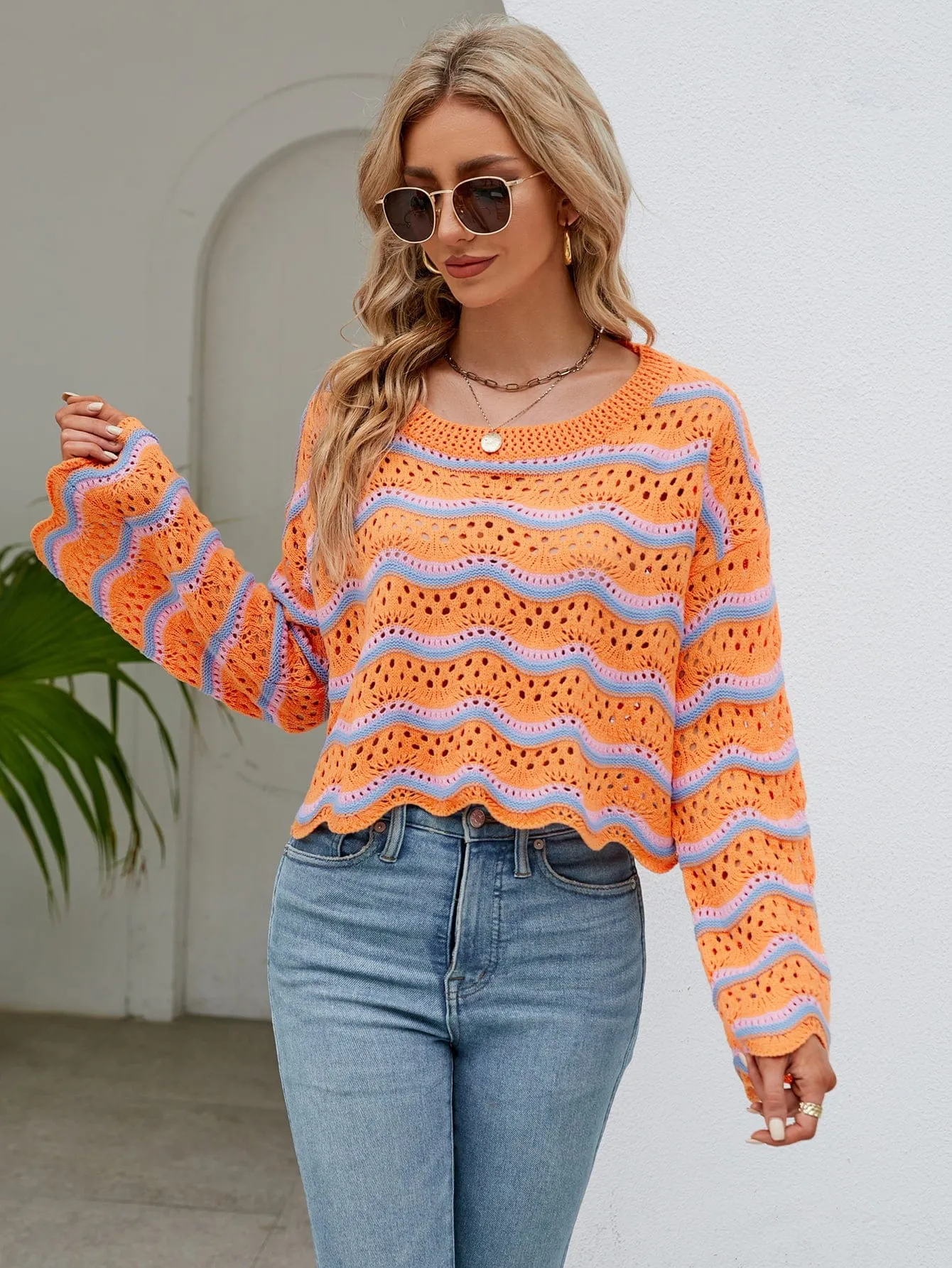 Round Neck Openwork Flare Sleeve Knit Top sold by Unique Kulture product image thumbnail 4