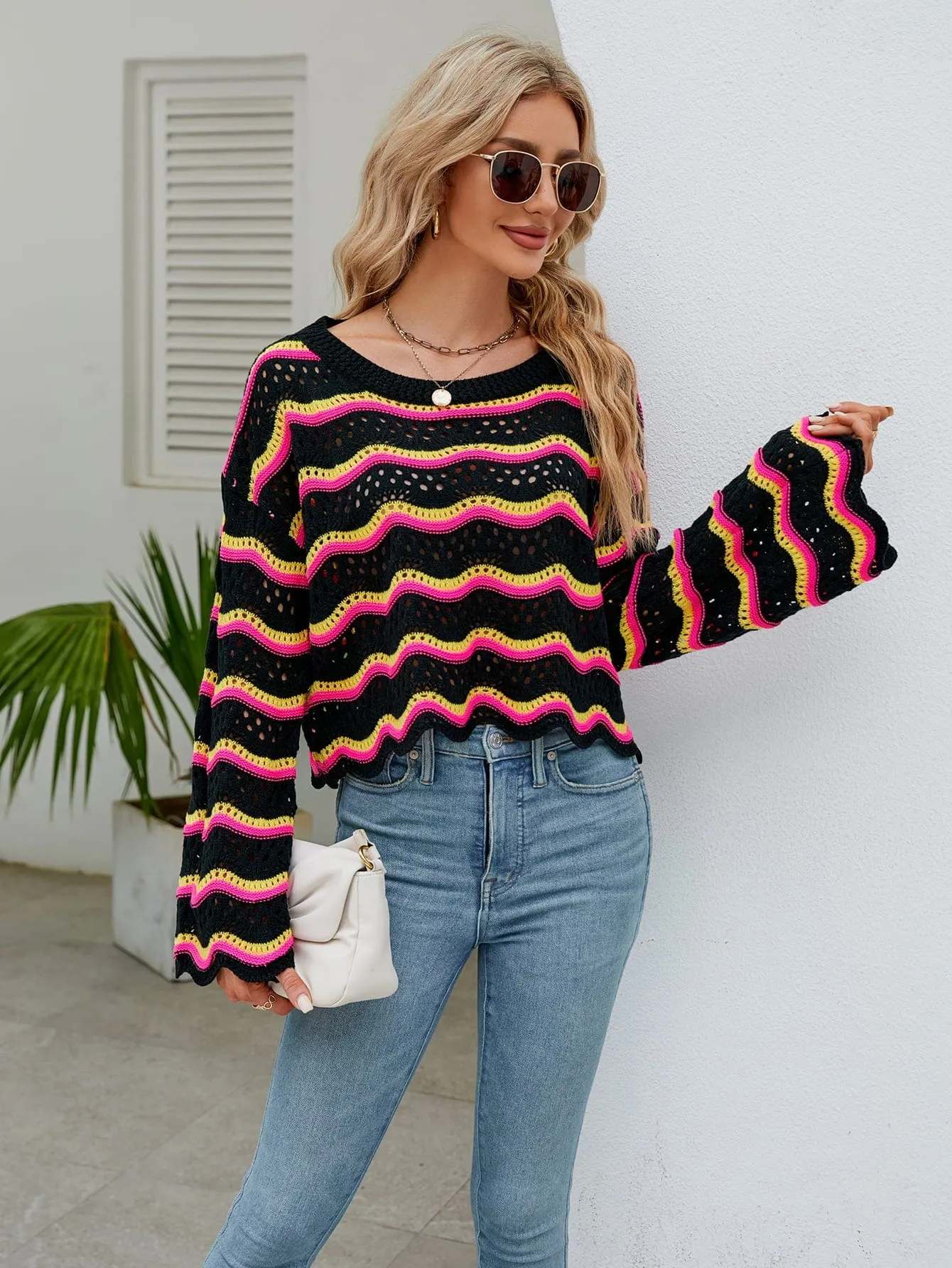 Round Neck Openwork Flare Sleeve Knit Top sold by Unique Kulture