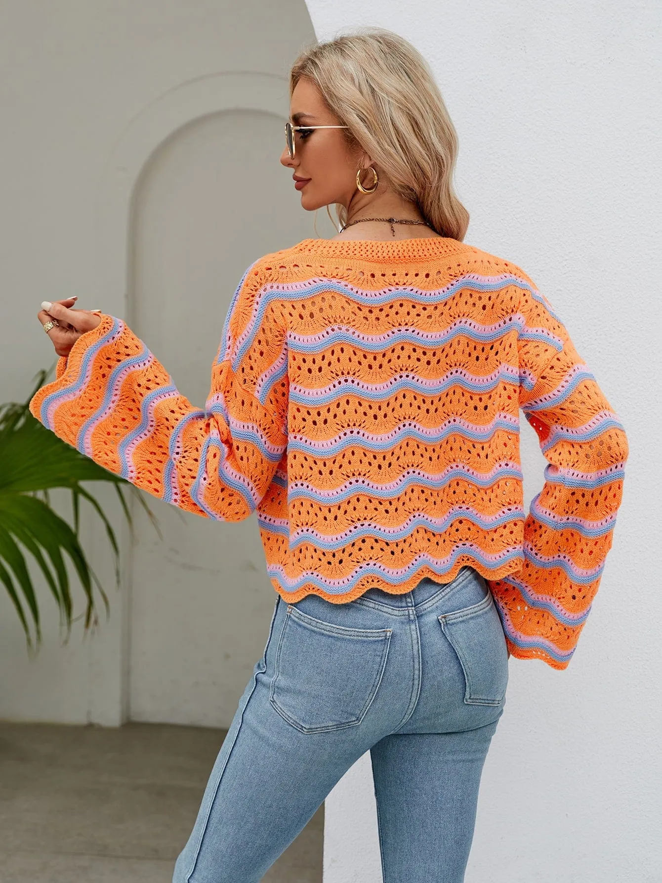 Round Neck Openwork Flare Sleeve Knit Top sold by Unique Kulture product image thumbnail 5